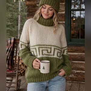 Vintage Sears 100% Virgin Wool Sweater Chartreuse Chunky Knit Turtleneck medium